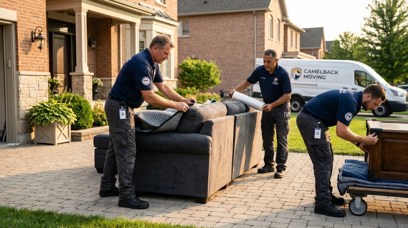 Large estate moving crew wrapping furniture in West Bend, WI