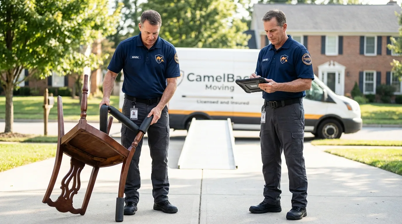 Movers inspecting furniture for damage prevention before loading in West Bend, WI