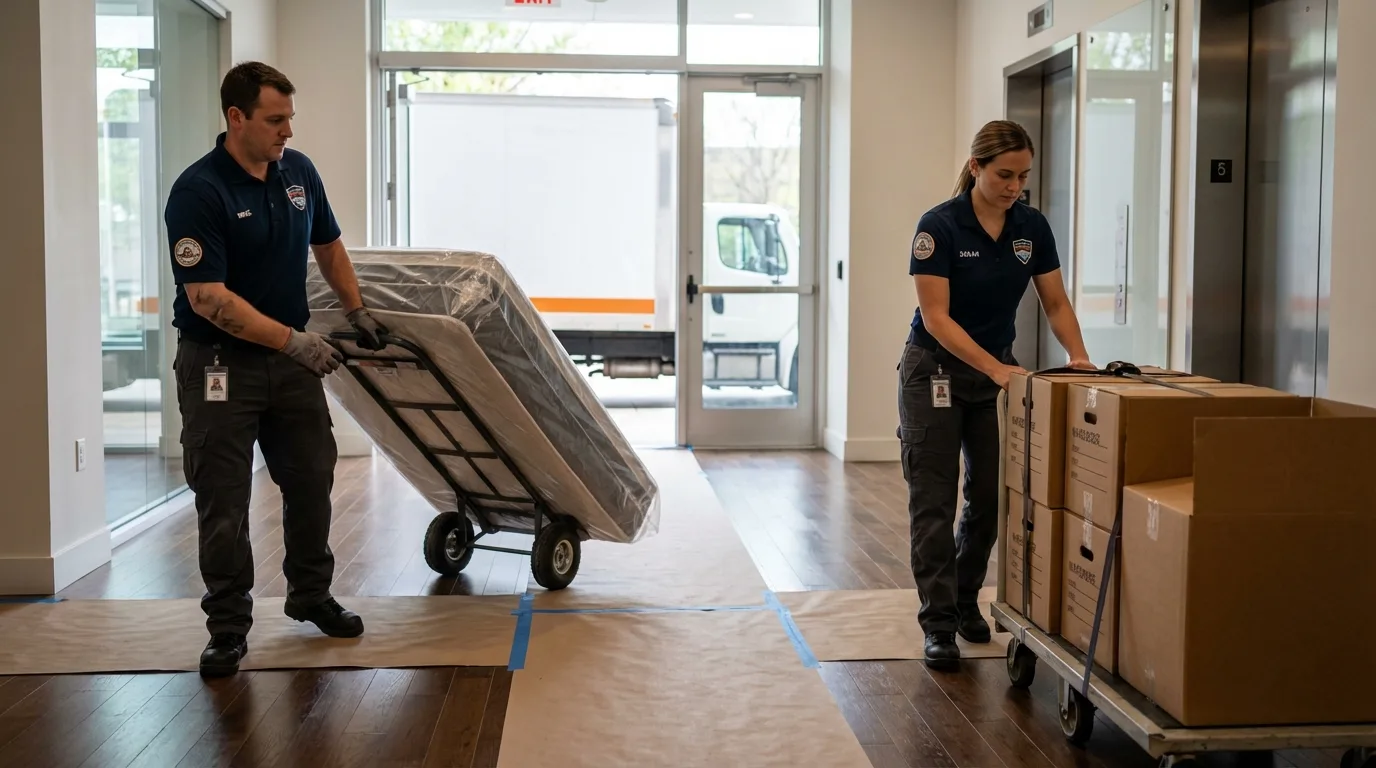 Professional apartment movers loading elevator in West Bend, WI