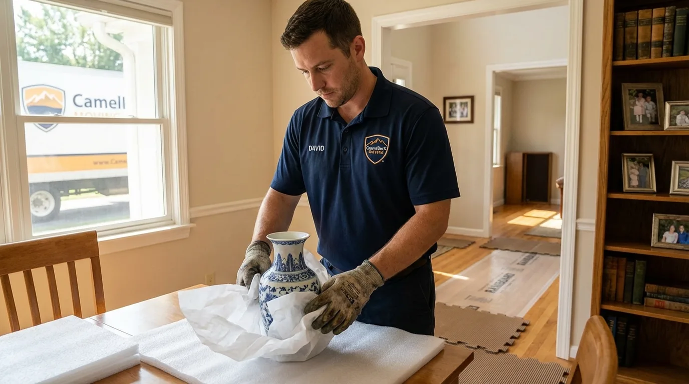 Professional crew carefully wrapping antique vase for senior downsizing move in West Bend, WI